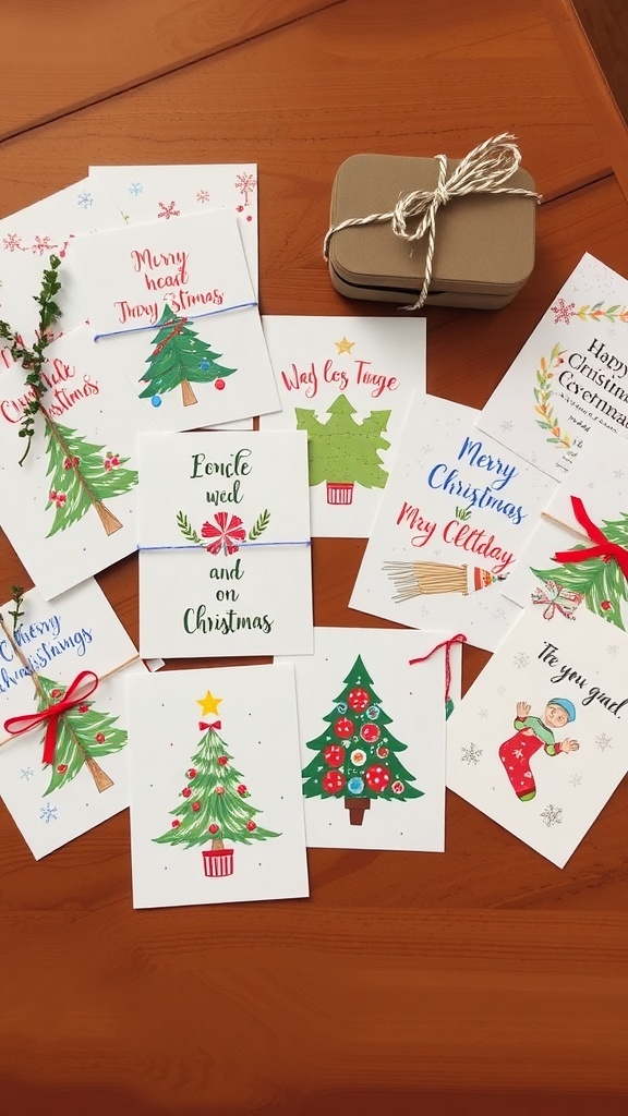 A variety of colorful Christmas cards with festive designs and quotes on a wooden table.
